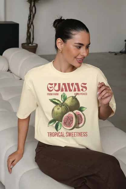 Camiseta Suelta Casual de Algodón con Estampado de Frutas