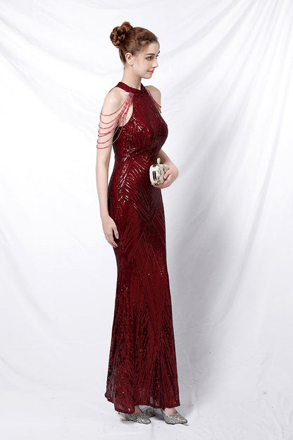 Vestido de fiesta maxi con lentejuelas, escote halter y corte de sirena