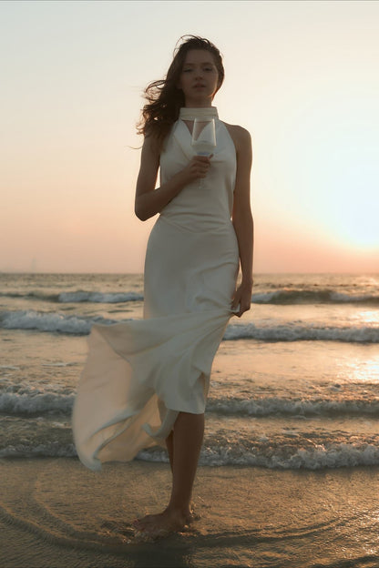 Satin V-Neck Halter Backless Maxi Party Dress