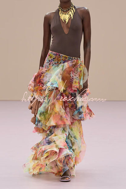 Luna Tulle Watercolor Floral Print Layered Fan-shaped Ruffle Design Maxi Skirt