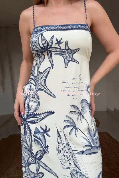 Starfish Print Sleeveless Square Neckline Back Tie-up Vacation Maxi Dress