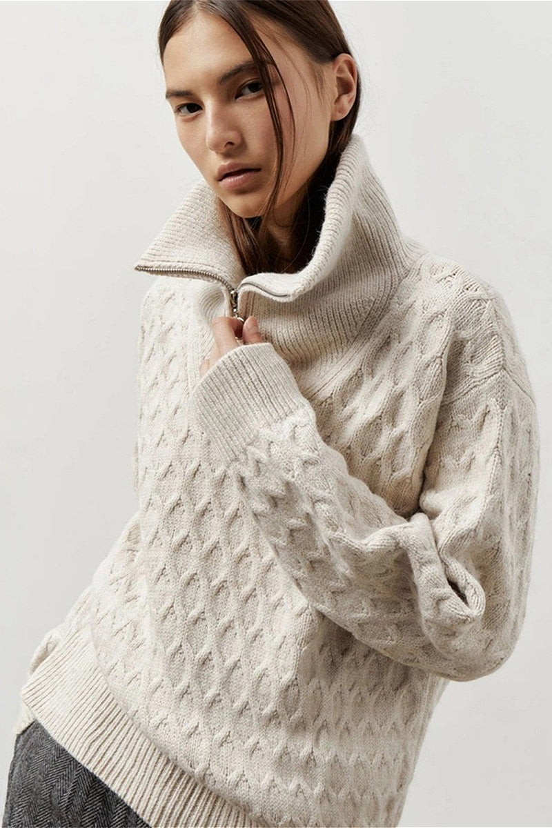 Vintage Chunky Knit High Neck Zip Up Sweater