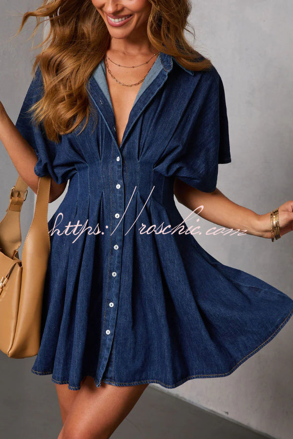 Stylish Collared Short-sleeved Fitted Waist Button-down Casual Mini Dress