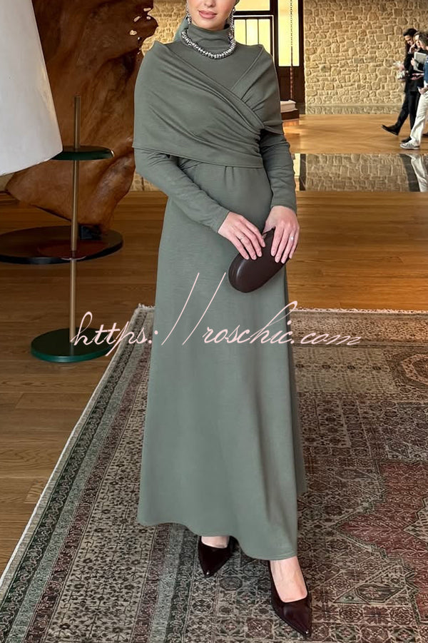 Solid Color High-neck Long-sleeved Crossover Waist Slim-fit Maxi Dress