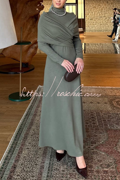 Solid Color High-neck Long-sleeved Crossover Waist Slim-fit Maxi Dress