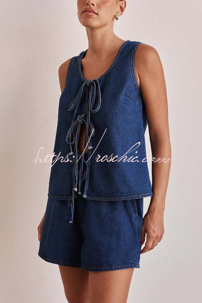 Stylish Elastic Waist Drawstring Pocket Casual Loose Denim Shorts