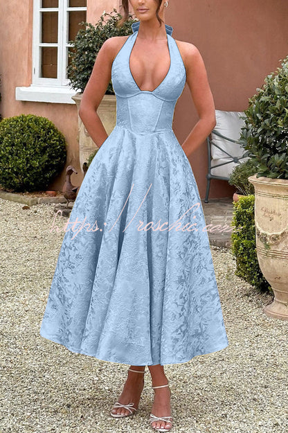 Stylish Jacquard Halter Neck Fitted Waist Open Back Elegant Midi Dress