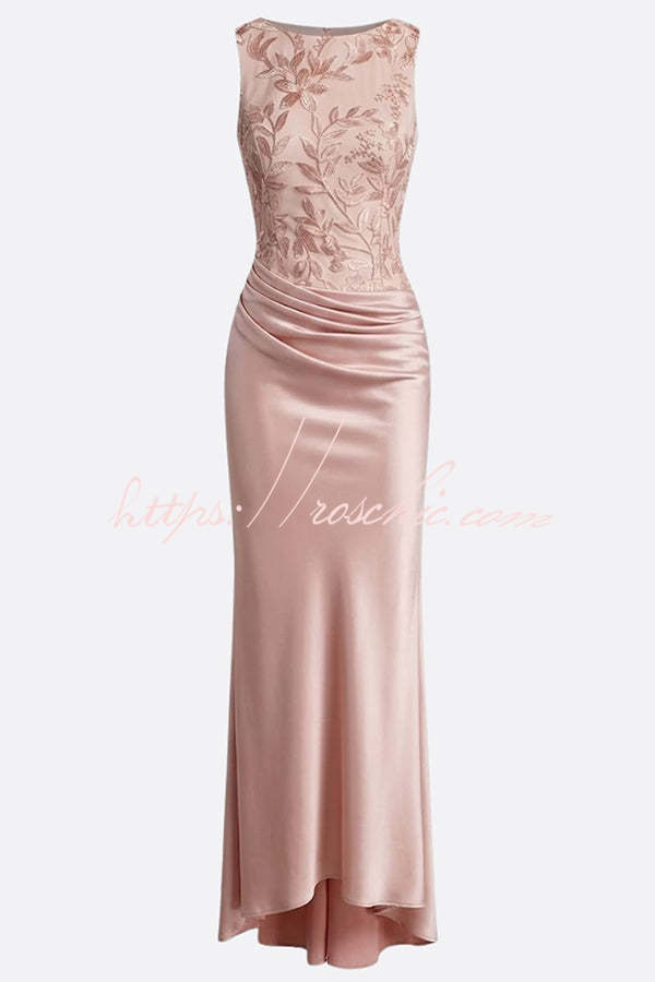 Vera Mesh Embroidery Satin Ruched Crew Neck Sleeveless Gown Maxi Dress