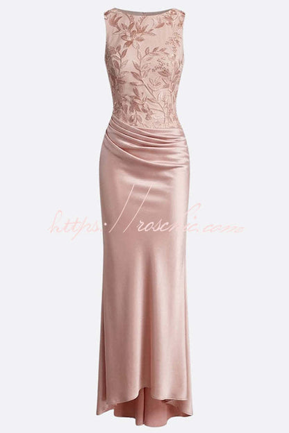 Vera Mesh Embroidery Satin Ruched Crew Neck Sleeveless Gown Maxi Dress