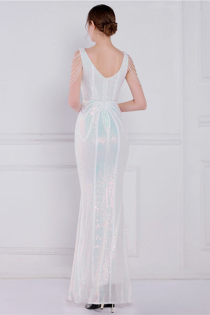 Vestido de fiesta de sirena con lentejuelas florales y pedrería