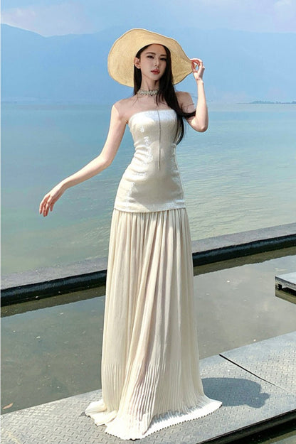 Vestido largo con lentejuelas, sin tirantes y fluido
