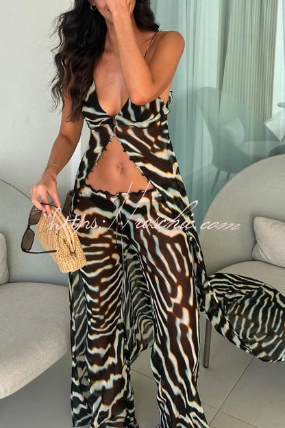 Zebra Print Drawstring Waist Casual Flared Pants