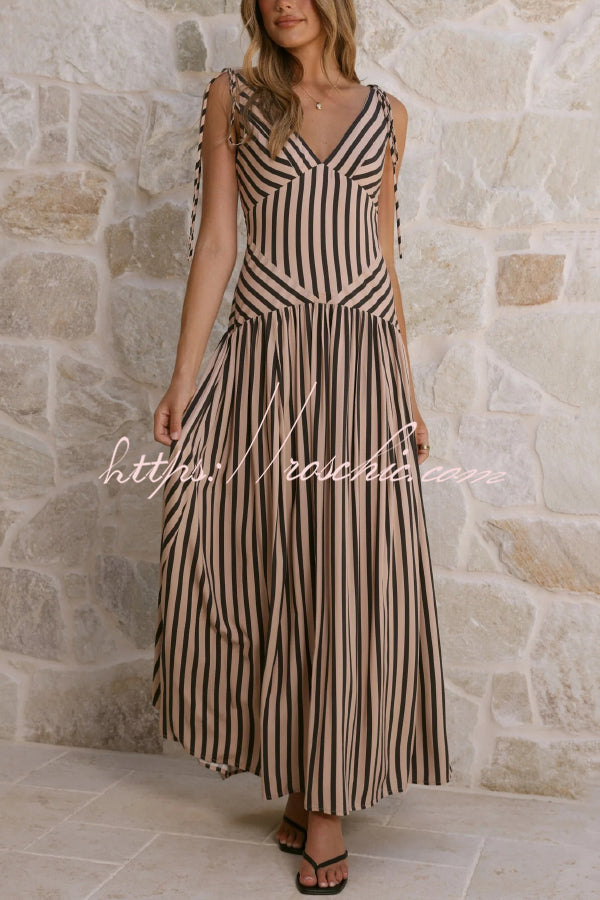 Striped Print Tie Backless Sleeveless V-Neck Elegant Maxi Dress