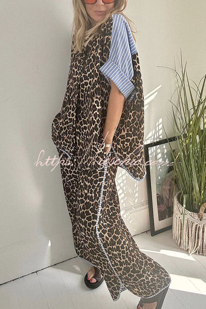 Comfortable Leopard Stripes Colorblock Print Oversized Shirt and Elastic Waist Pocket Loose Pants Set
