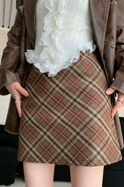 Falda Corta Ajustada de Talle Alto Vintage de Tweed a Cuadros