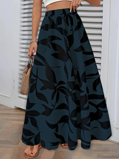 Elastic Waist Flowers Printed Women's A-line Skirt Summer Elegant