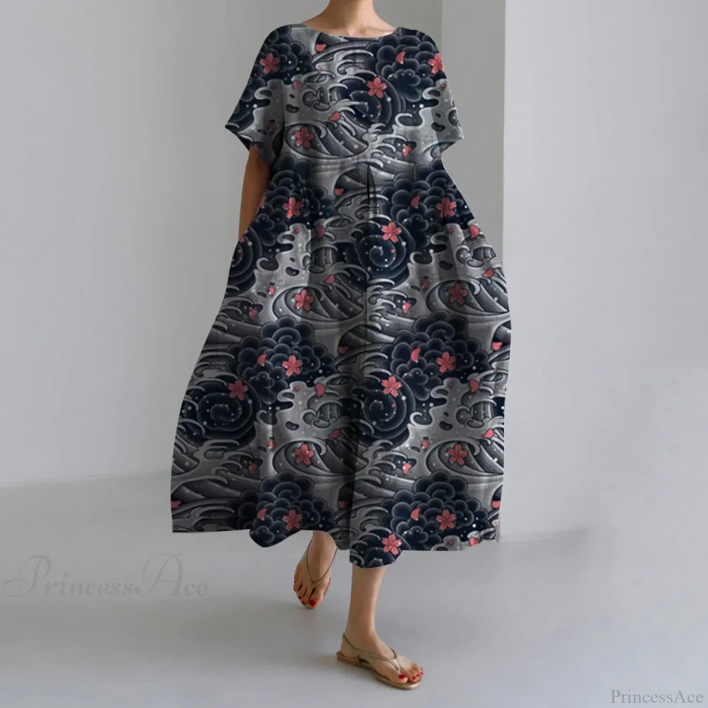 Elegant Autumn Retro Floral Print Round Neck Evening Dress