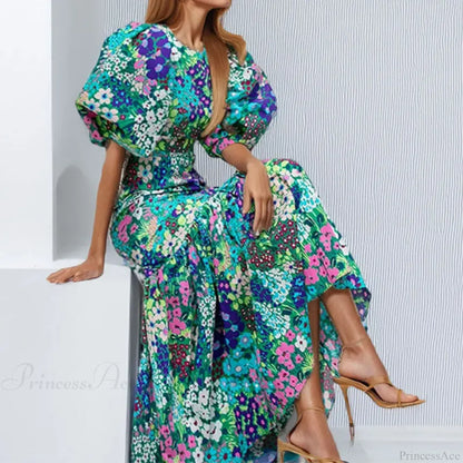 Elegant Blue Floral Lantern Sleeve Dress