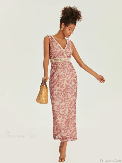 Elegant Floral Fishtail Lace Trim Wrap V-neck Bodycon Floral Dress