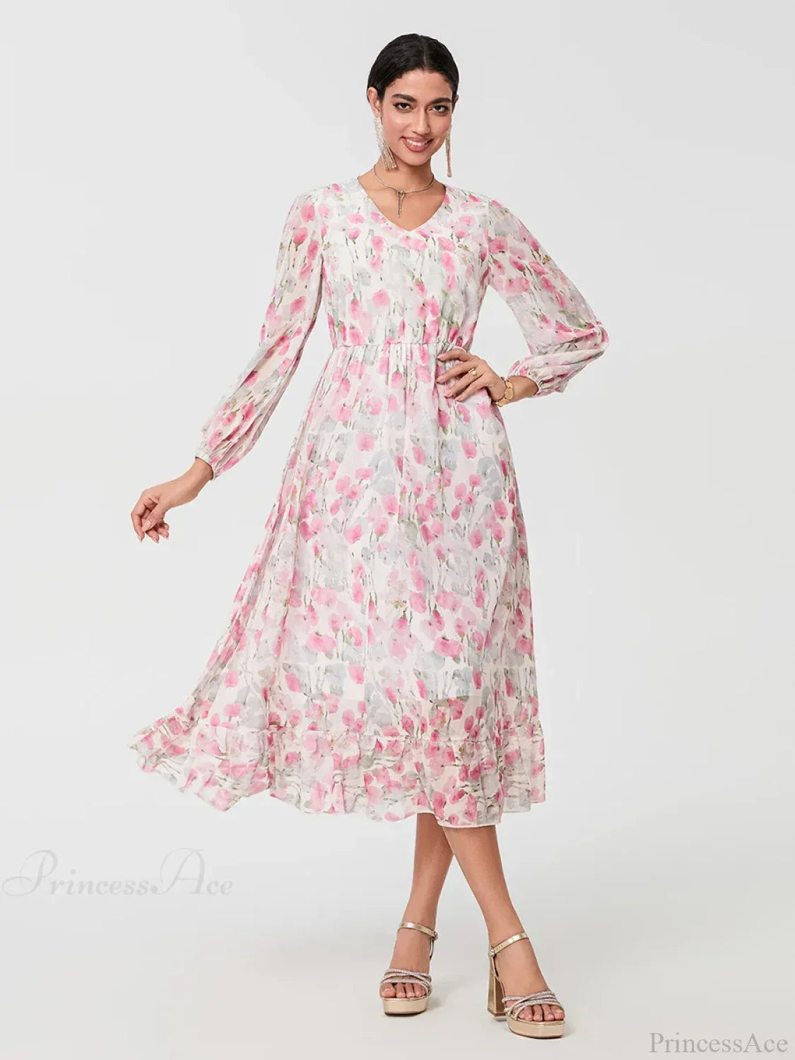 Elegant Floral Flowing Long Sleeve A-Line Floral Dress
