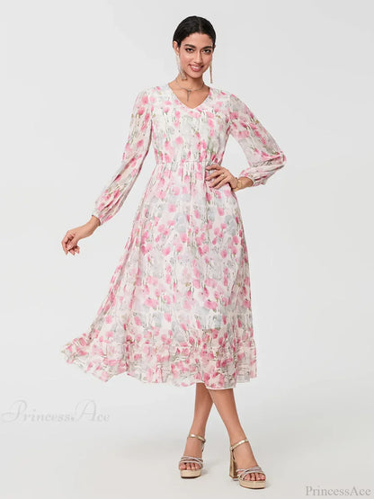 Elegant Floral Flowing Long Sleeve A-Line Floral Dress