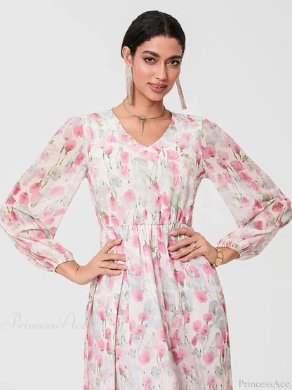 Elegant Floral Flowing Long Sleeve A-Line Floral Dress