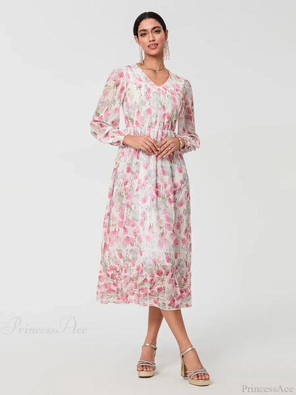 Elegant Floral Flowing Long Sleeve A-Line Floral Dress