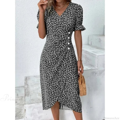 Elegant Floral Midi Puff Sleeve Ruched Waist Floral Dress