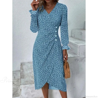 Elegant Floral Midi Puff Sleeve Ruched Waist Floral Dress