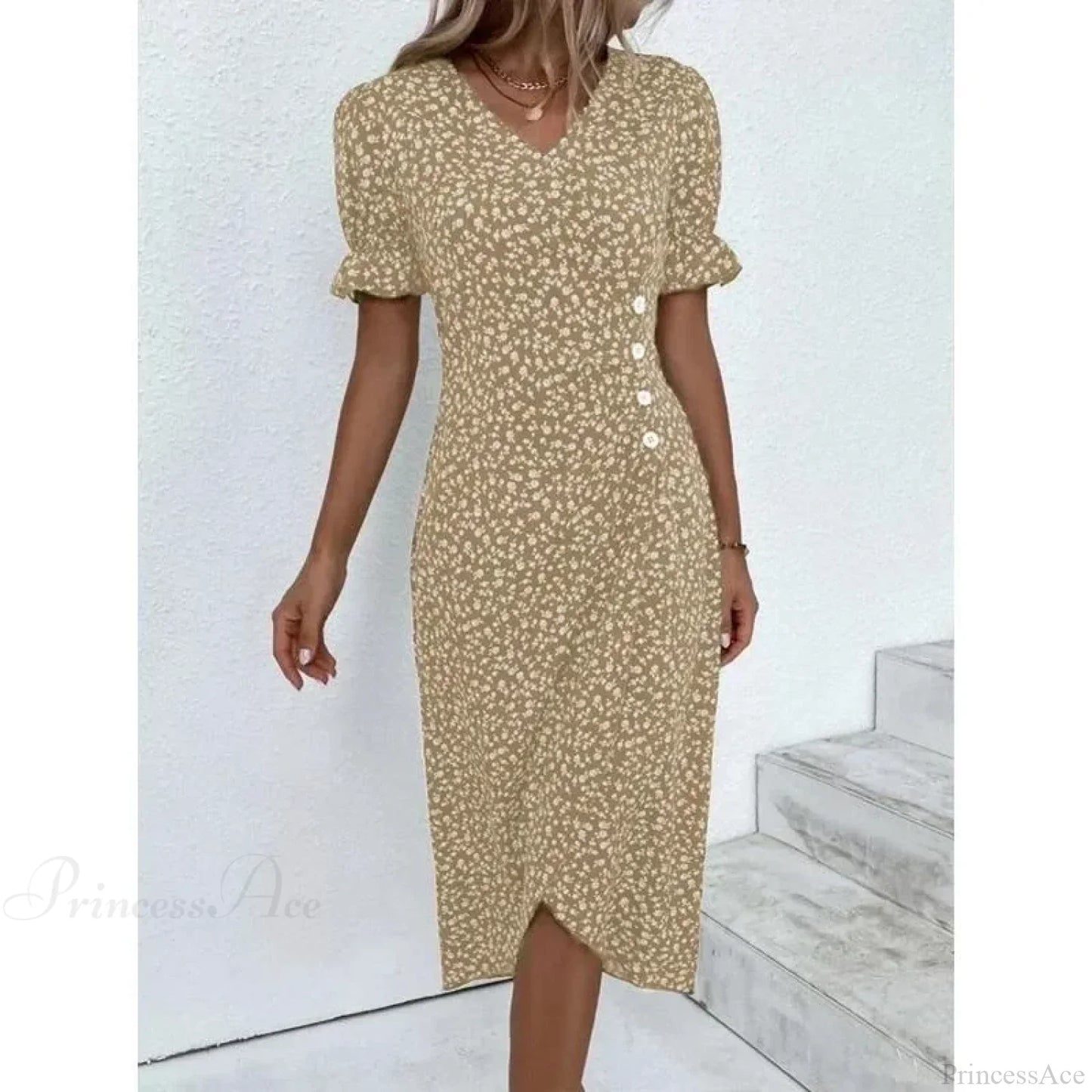Elegant Floral Midi Puff Sleeve Ruched Waist Floral Dress