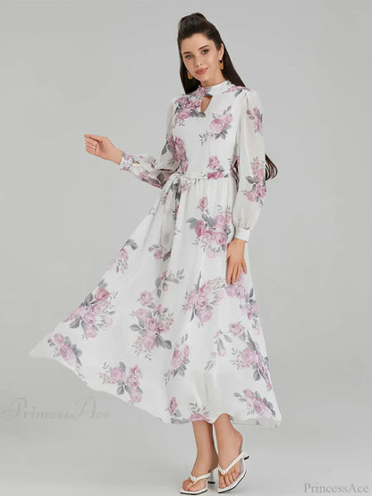 Elegant Floral Print Chiffon Long Lantern Sleeve Tie Waist Floral Dress