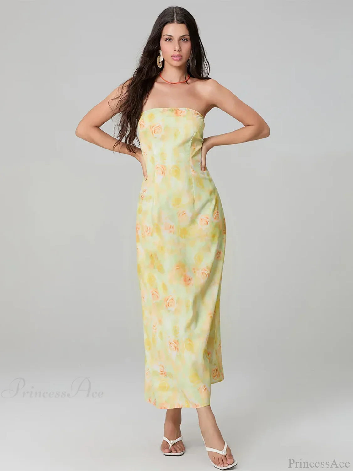 Elegant Floral Print Tube Backless Off-Shoulder Evening Gown Party Dress