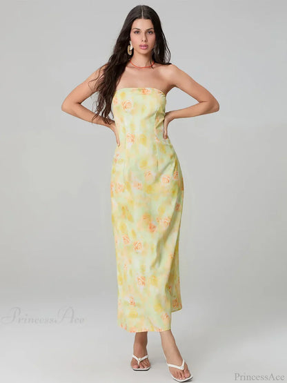Elegant Floral Print Tube Backless Off-Shoulder Evening Gown Party Dress