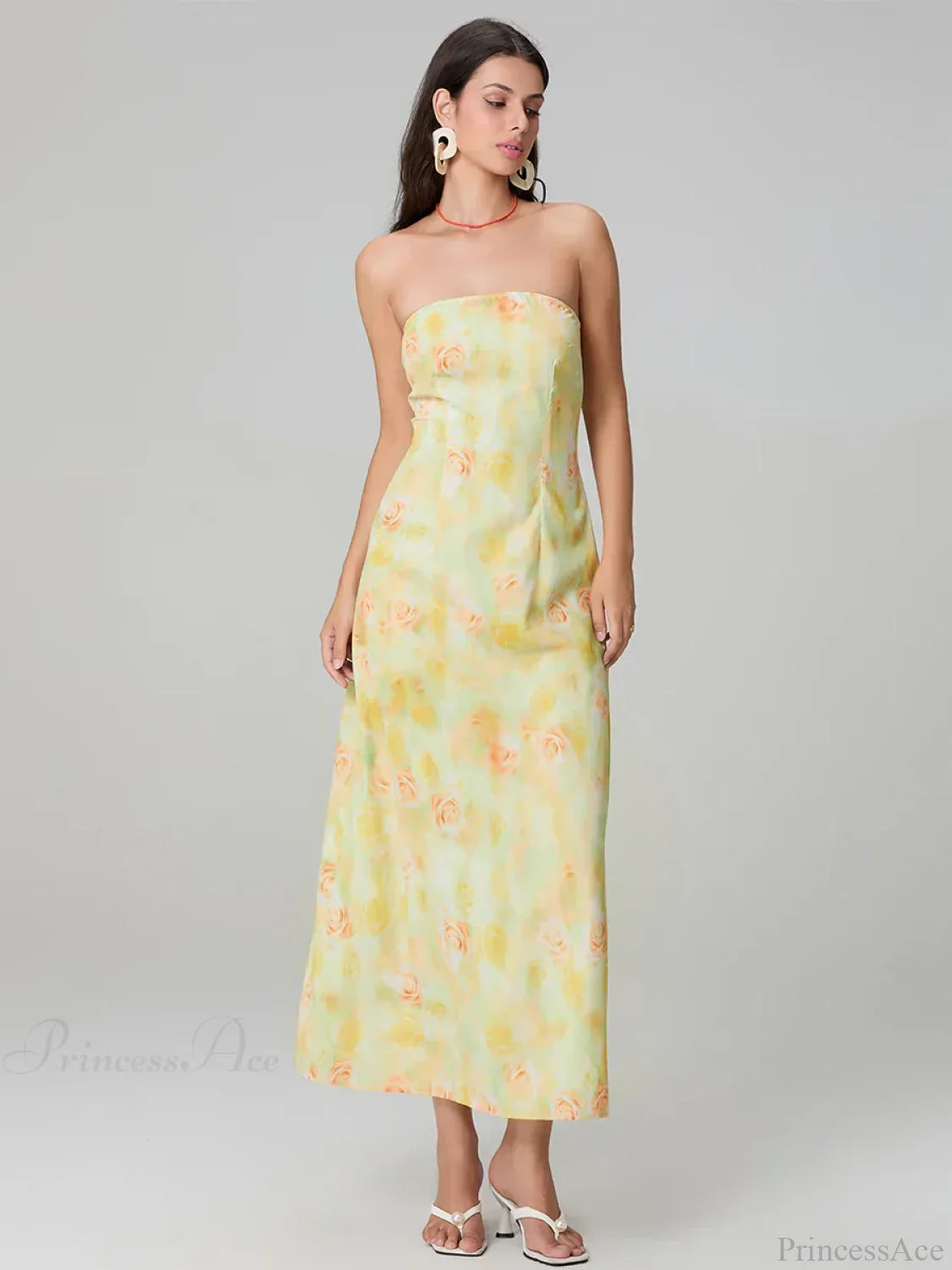 Elegant Floral Print Tube Backless Off-Shoulder Evening Gown Party Dress