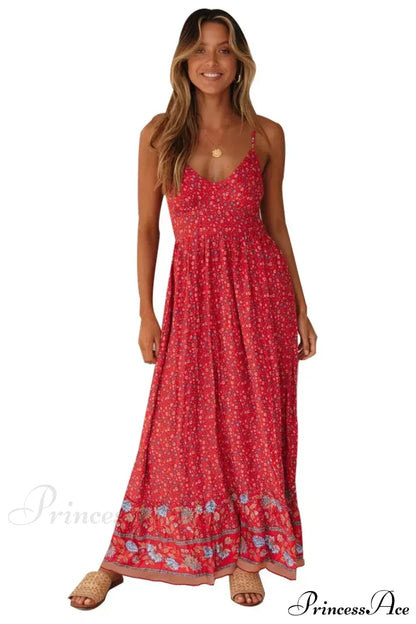Elegant Floral V-Neck Sleeveless Boho Dress