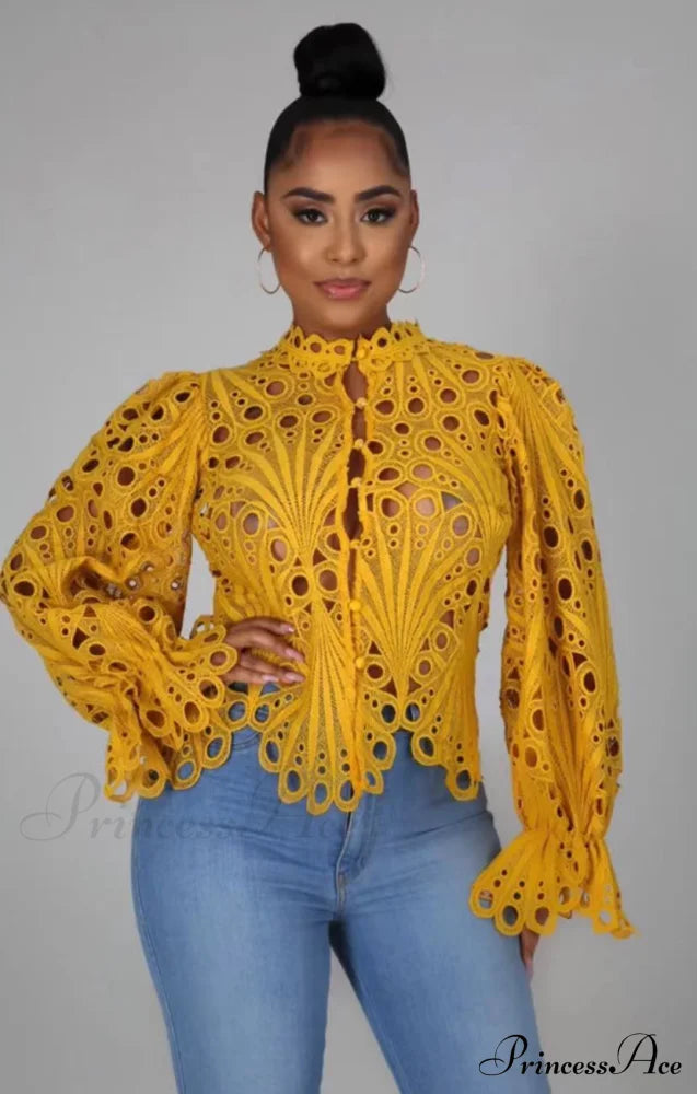 Elegant Lace See Though Ruffles Lantern Blouse