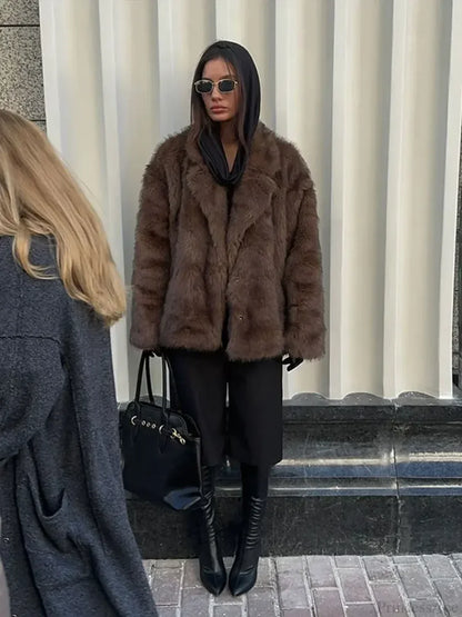 Elegant Lapel Fluffy Long Coat