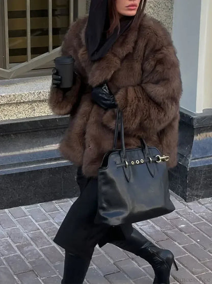Elegant Lapel Fluffy Long Coat