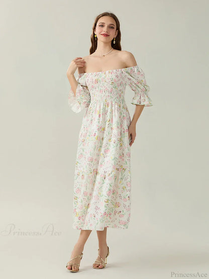 Elegant Off-Shoulder Party Half Sleeve Square Neck A-line Floral Dress