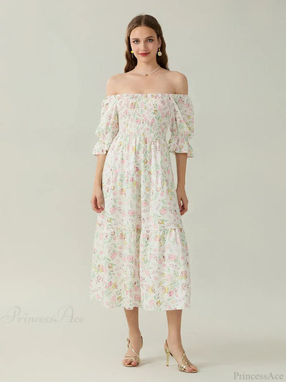 Elegant Off-Shoulder Party Half Sleeve Square Neck A-line Floral Dress