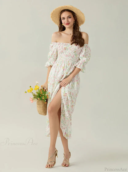 Elegant Off-Shoulder Party Half Sleeve Square Neck A-line Floral Dress