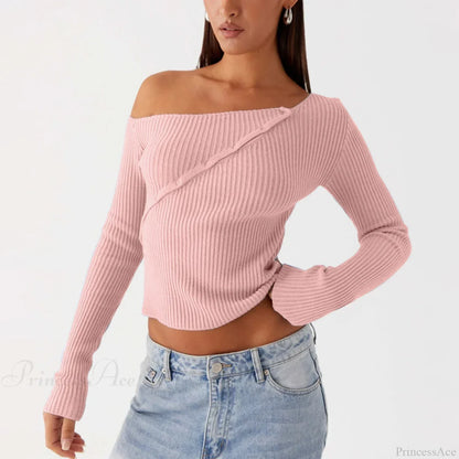 Elegant Off Shoulder Ribbed Solid Crop Slim Fit Knit Top