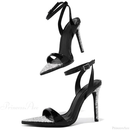 Elegant Party Sandals Wedding Banquet Shoes Crystal Rhinestones Pointed-Toe Stripper High-Heels Gold High Heel