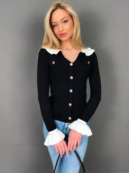Elegant Patchwork Ruffle Long Sleeve Cardigan