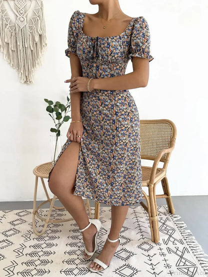 Elegant Pleated A-line Floral Print Casual Dress