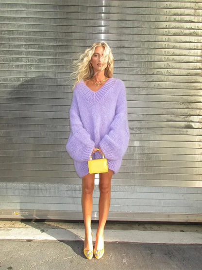 Elegant Purple Deep V Neck Knitted Pullover Casual Long Sleeves Loose Sweater