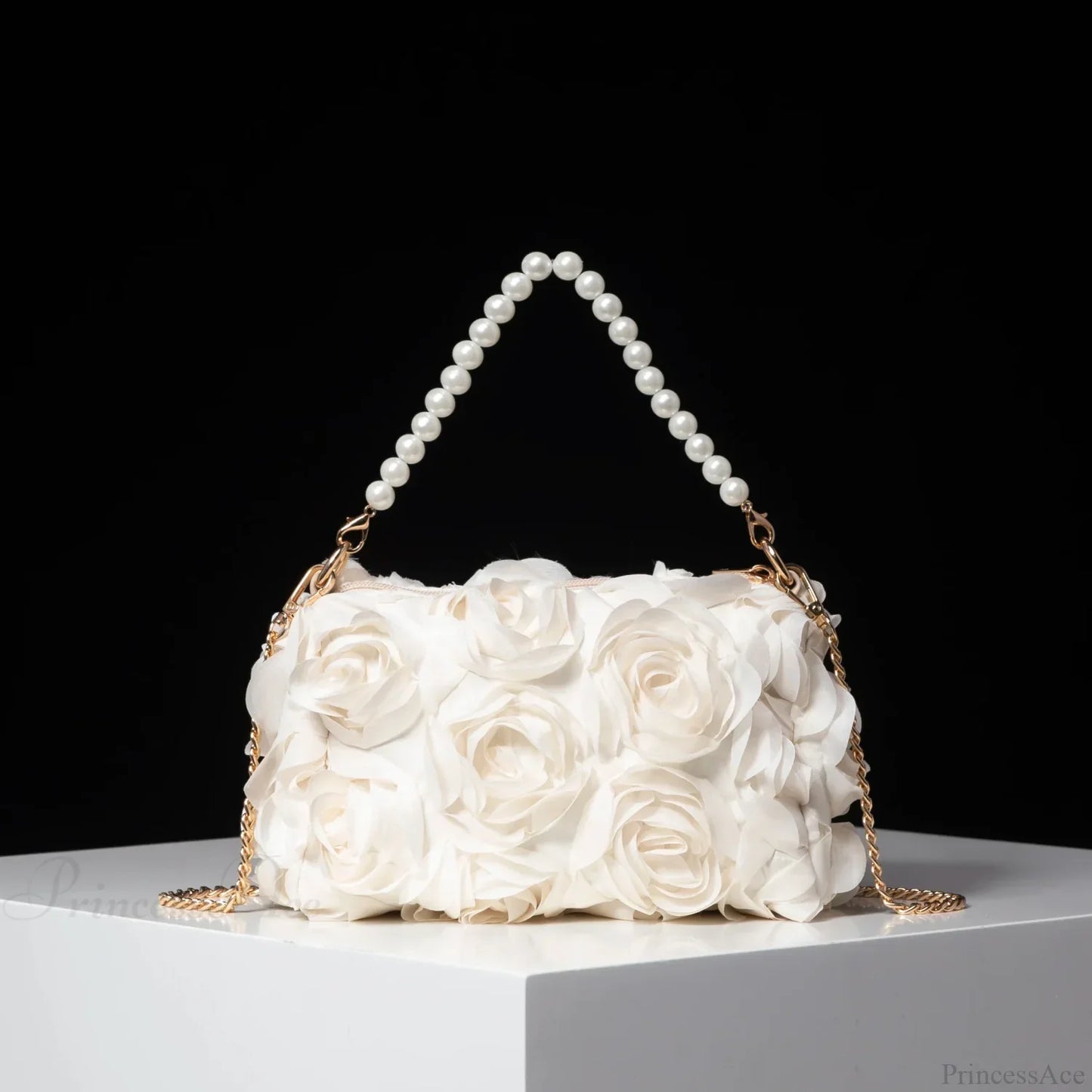 Elegant Rose Flower Faux Pearl Metal Chain Clutch Bag