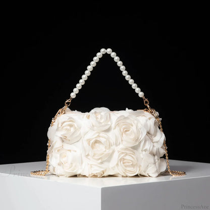 Elegant Rose Flower Faux Pearl Metal Chain Clutch Bag
