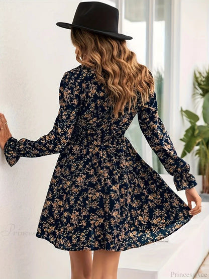 Elegant Spring Autumn Floral Print A-line Floral Dress