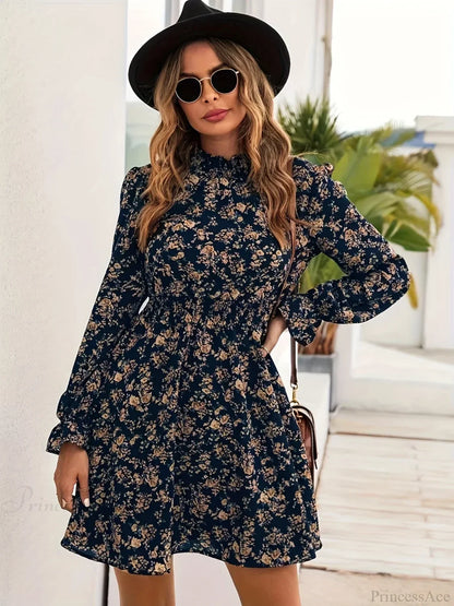 Elegant Spring Autumn Floral Print A-line Floral Dress